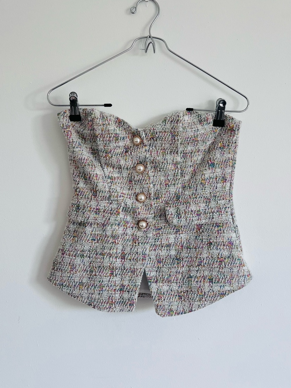 Coquette Tweed Corset Top Pearl Buttons Strapless Medium
